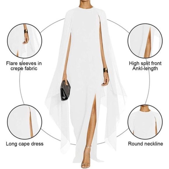 Women's Dress High Split Flare Sleeve Formal Evening Gown with Cape White NWT - Picture 3 of 4